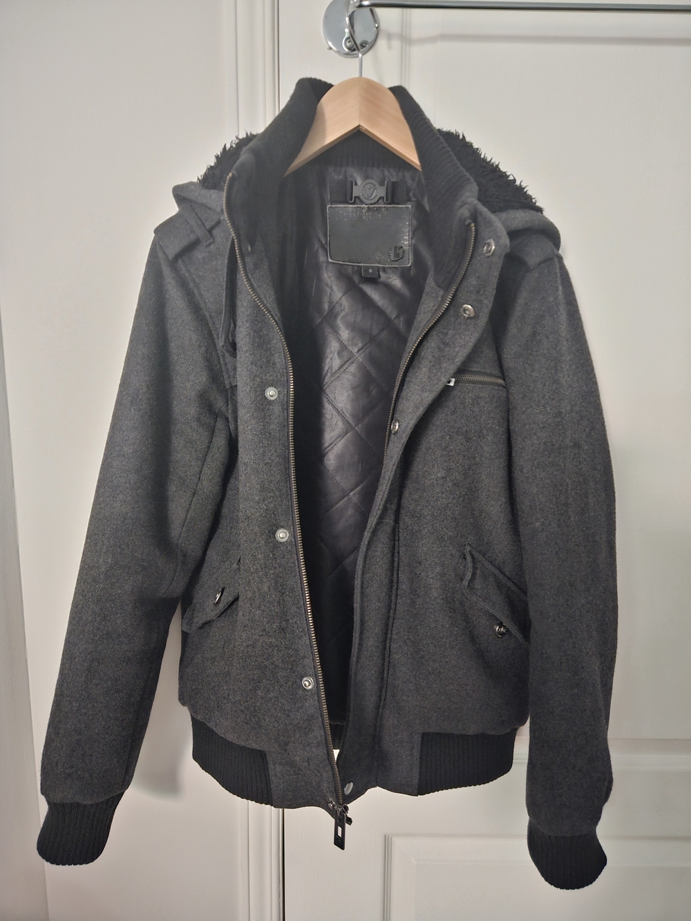 Guess Men's Wool Blend Dark Gray Bomber Jacket Detachable Hood Size S